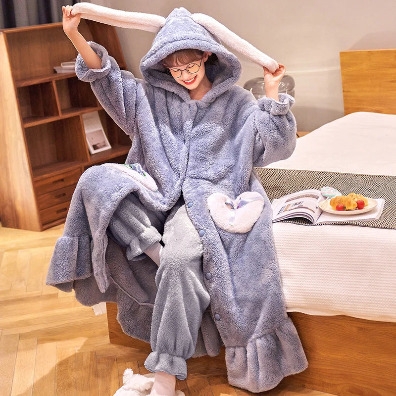 Thicker Women's Pajamas Warm Sweet Hooded Nightgown Winter Flannel Kawaii Home Clothes Female Cute Soft Chic Robes 2XL пижама