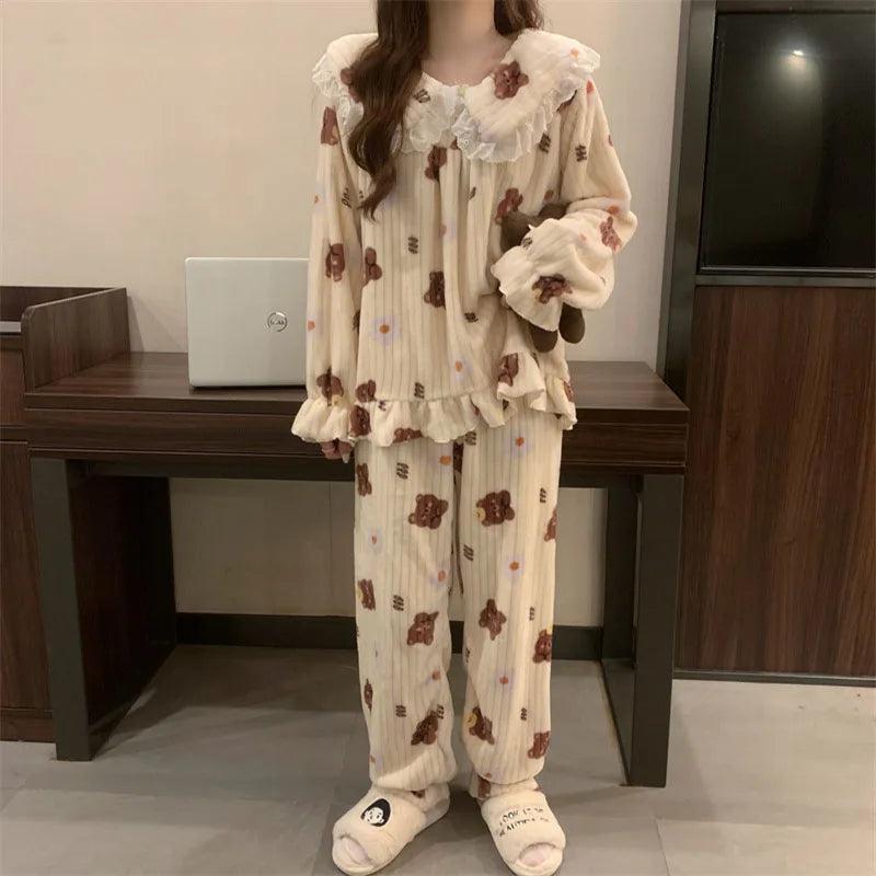 Cozy Bear Coral Velvet Pajama Set for Women