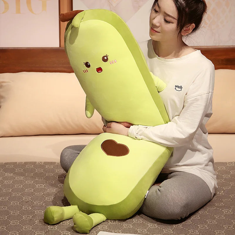 Cute Green Avocado Long Pillow Stuffed Fruit Plushie Heart Pattern Home Decor Kawaii Kids Sleeping Companion Christmas Gifts
