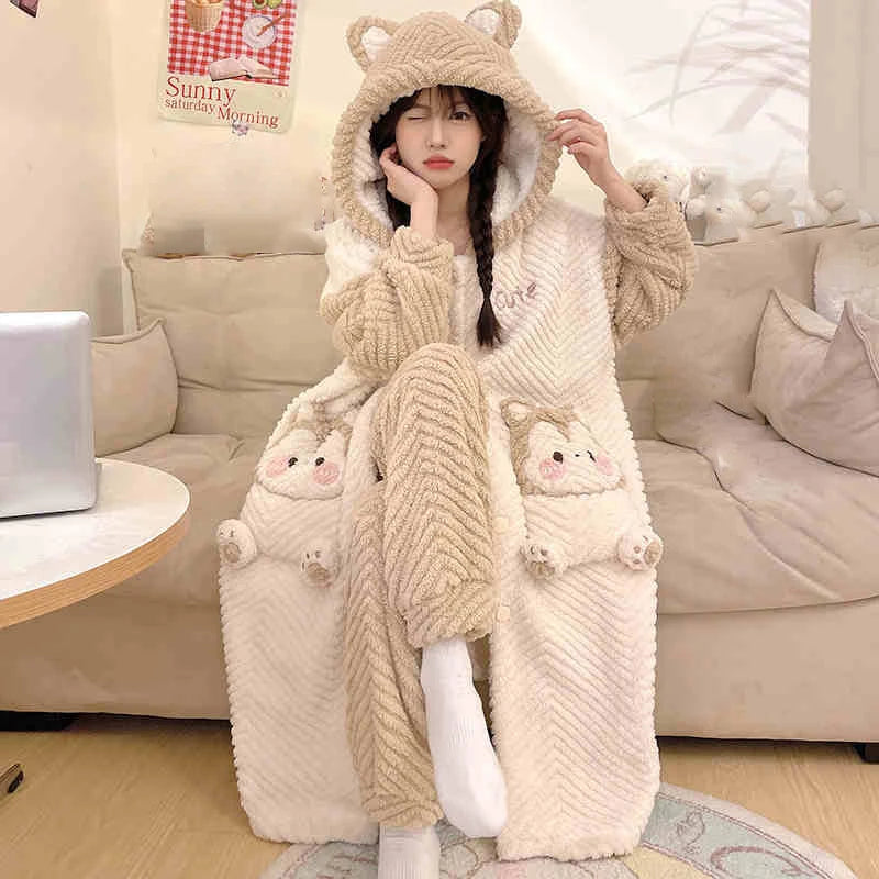 Thicker Women's Pajamas Warm Sweet Hooded Nightgown Winter Flannel Kawaii Home Clothes Female Cute Soft Chic Robes 2XL пижама
