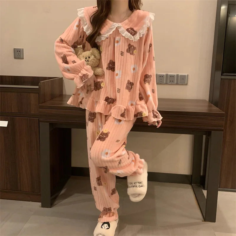 Cozy Bear Coral Velvet Pajama Set for Women