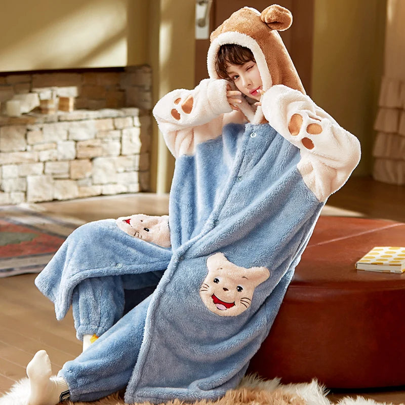 Thicker Women's Pajamas Warm Sweet Hooded Nightgown Winter Flannel Kawaii Home Clothes Female Cute Soft Chic Robes 2XL пижама