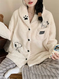 Cartoon Snoopy Pattern Coral Velvet Pajama Set Winter Women's Kawaii Anime Snoopy Accessories Cardigan Warm Home Clothes Set