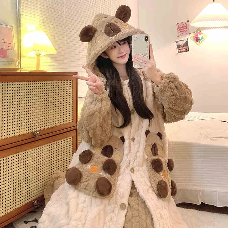 Thicker Women's Pajamas Warm Sweet Hooded Nightgown Winter Flannel Kawaii Home Clothes Female Cute Soft Chic Robes 2XL пижама