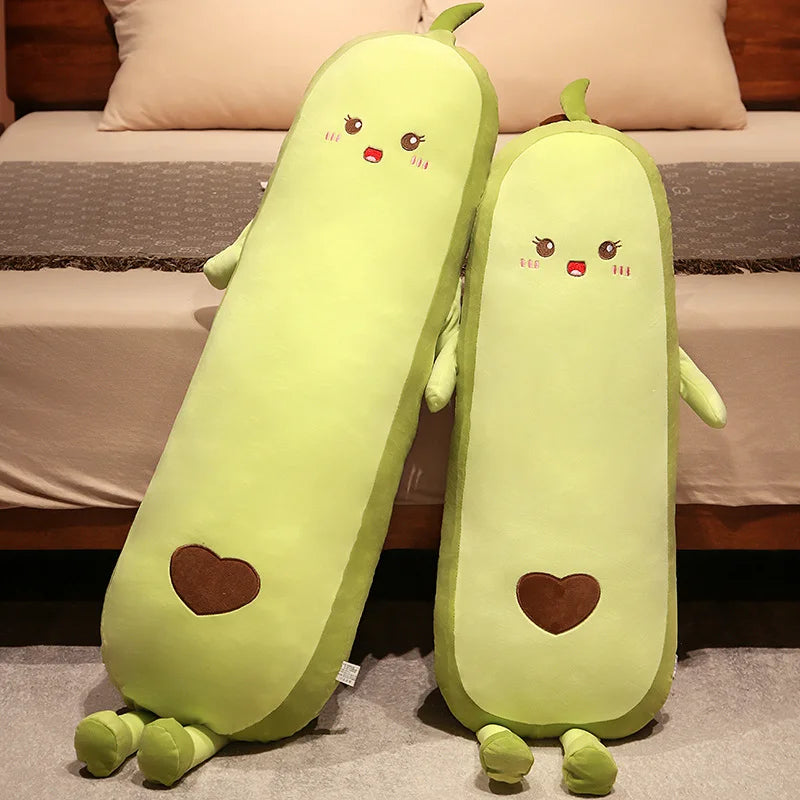 Cute Green Avocado Long Pillow Stuffed Fruit Plushie Heart Pattern Home Decor Kawaii Kids Sleeping Companion Christmas Gifts