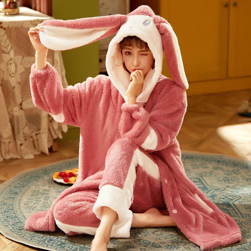 Thicker Women's Pajamas Warm Sweet Hooded Nightgown Winter Flannel Kawaii Home Clothes Female Cute Soft Chic Robes 2XL пижама
