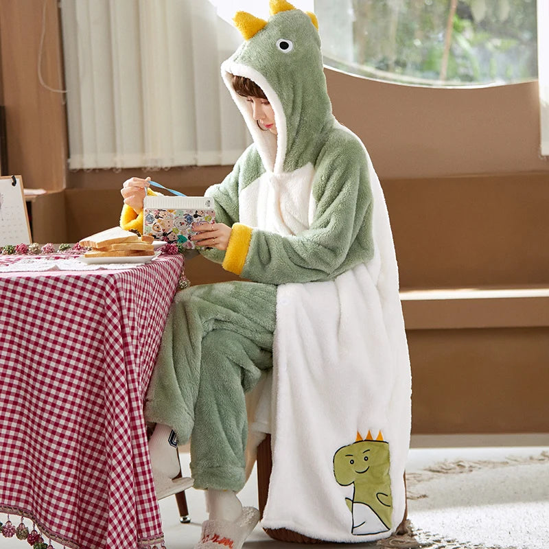 Thicker Women's Pajamas Warm Sweet Hooded Nightgown Winter Flannel Kawaii Home Clothes Female Cute Soft Chic Robes 2XL пижама