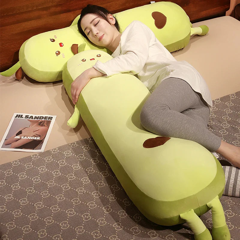 Cute Green Avocado Long Pillow Stuffed Fruit Plushie Heart Pattern Home Decor Kawaii Kids Sleeping Companion Christmas Gifts