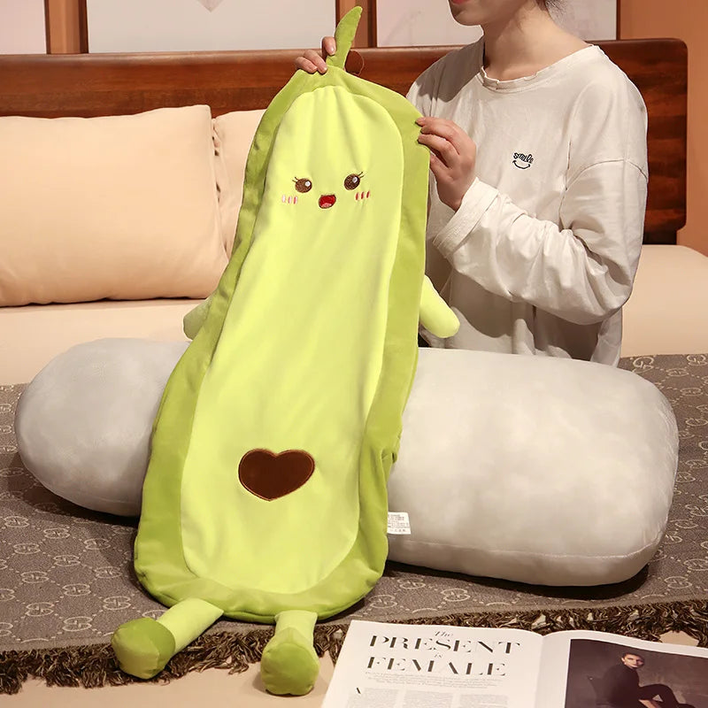 Cute Green Avocado Long Pillow Stuffed Fruit Plushie Heart Pattern Home Decor Kawaii Kids Sleeping Companion Christmas Gifts