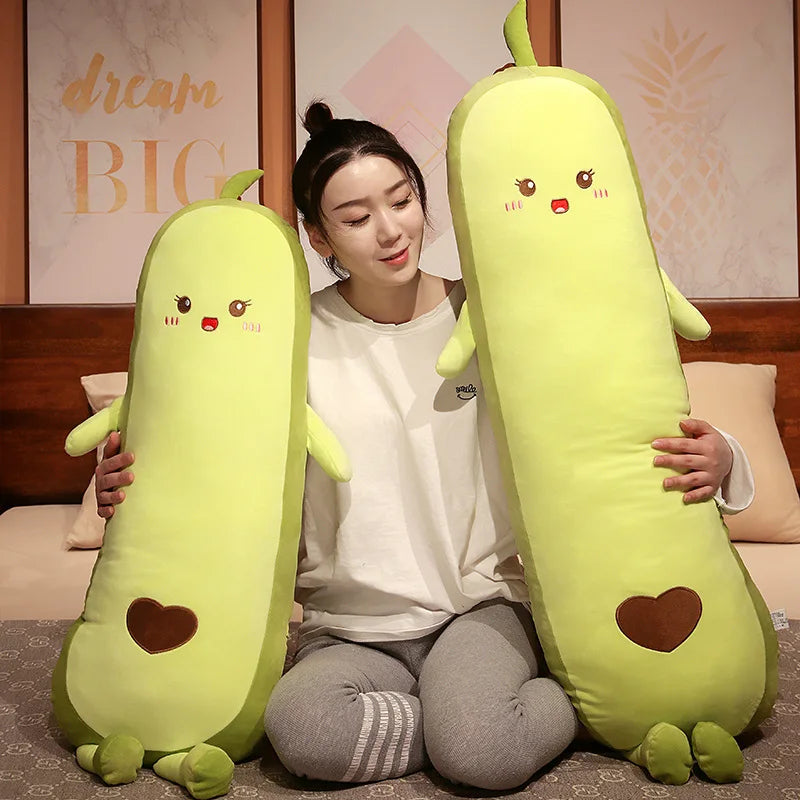 Cute Green Avocado Long Pillow Stuffed Fruit Plushie Heart Pattern Home Decor Kawaii Kids Sleeping Companion Christmas Gifts