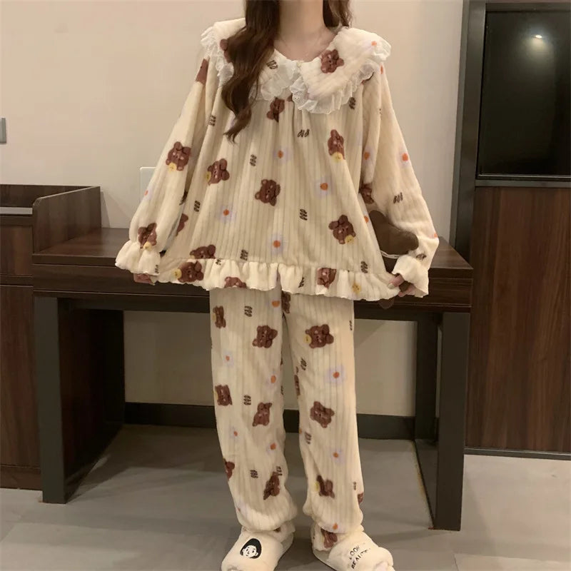 Cozy Bear Coral Velvet Pajama Set for Women