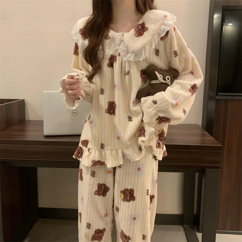 Cozy Bear Coral Velvet Pajama Set for Women