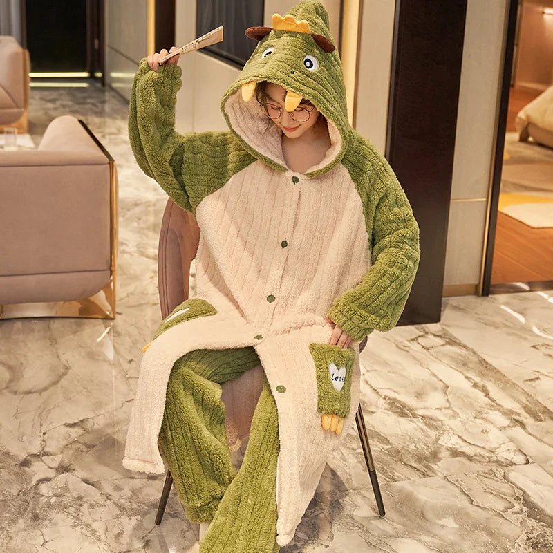 Thicker Women's Pajamas Warm Sweet Hooded Nightgown Winter Flannel Kawaii Home Clothes Female Cute Soft Chic Robes 2XL пижама