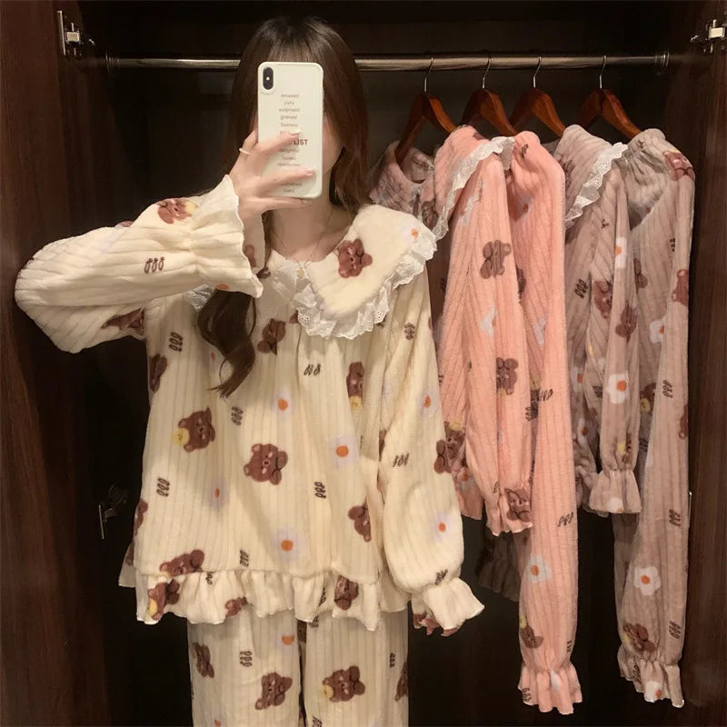 Cozy Bear Coral Velvet Pajama Set for Women