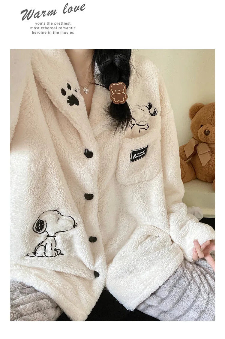 Cartoon Snoopy Pattern Coral Velvet Pajama Set Winter Women's Kawaii Anime Snoopy Accessories Cardigan Warm Home Clothes Set