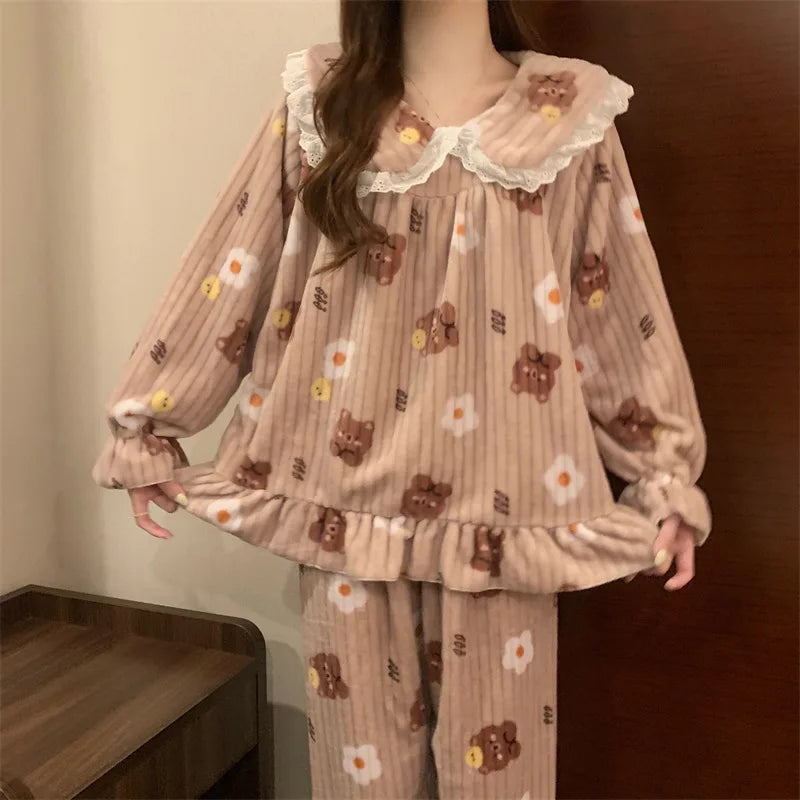 Cozy Bear Coral Velvet Pajama Set for Women