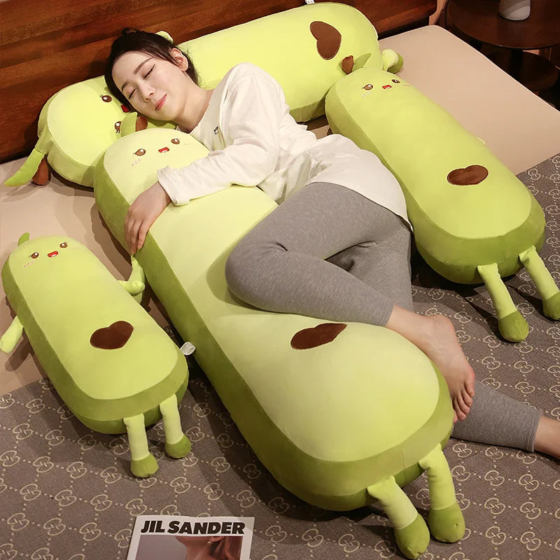 Cute Green Avocado Long Pillow Stuffed Fruit Plushie Heart Pattern Home Decor Kawaii Kids Sleeping Companion Christmas Gifts