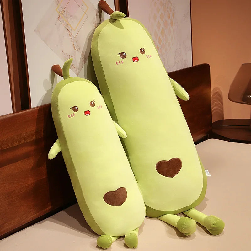 Cute Green Avocado Long Pillow Stuffed Fruit Plushie Heart Pattern Home Decor Kawaii Kids Sleeping Companion Christmas Gifts