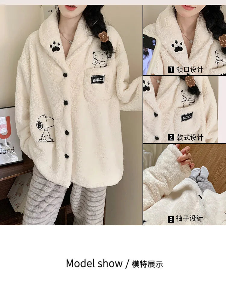 Cartoon Snoopy Pattern Coral Velvet Pajama Set Winter Women's Kawaii Anime Snoopy Accessories Cardigan Warm Home Clothes Set
