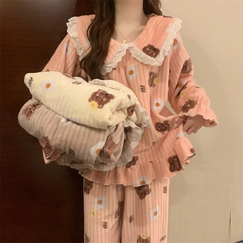 Cozy Bear Coral Velvet Pajama Set for Women