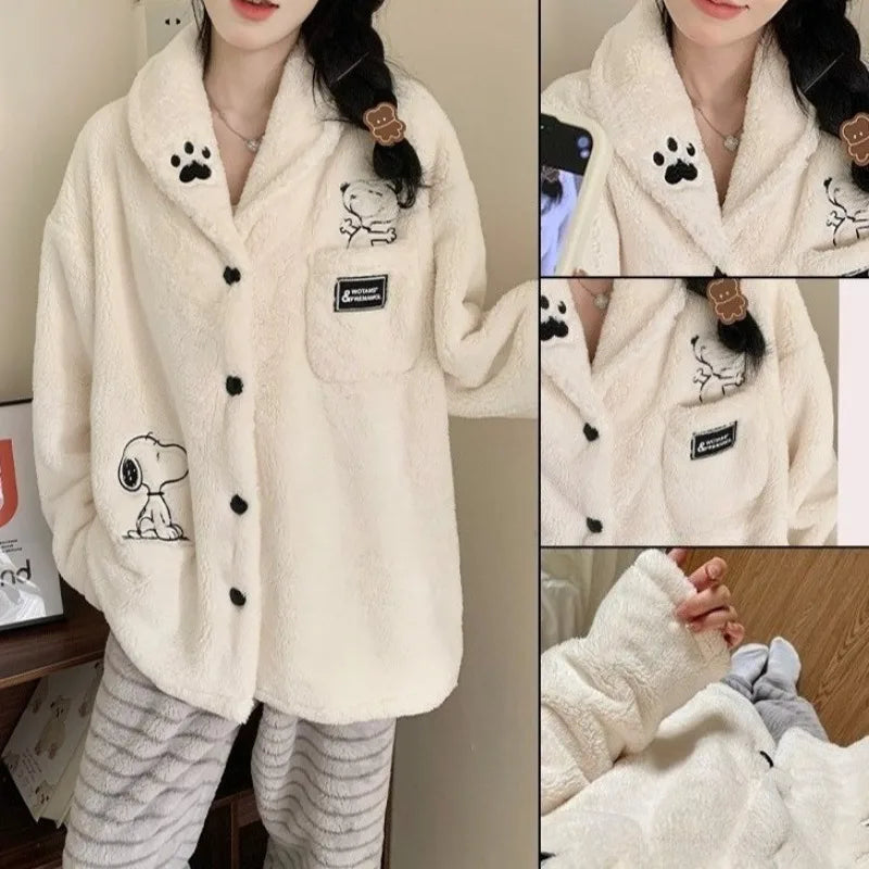 Cartoon Snoopy Pattern Coral Velvet Pajama Set Winter Women's Kawaii Anime Snoopy Accessories Cardigan Warm Home Clothes Set