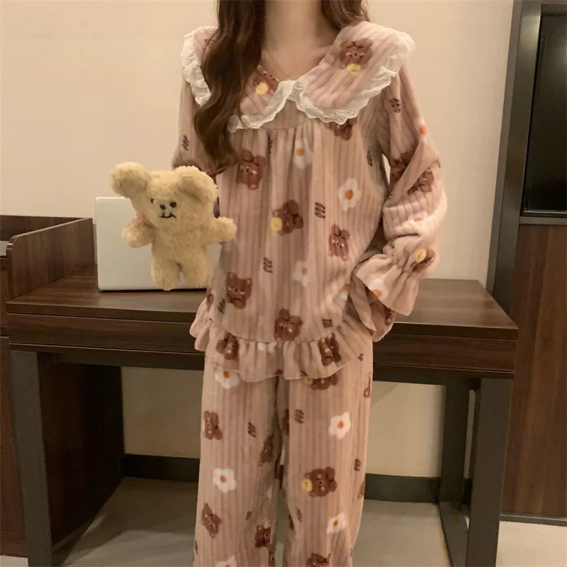 Cozy Bear Coral Velvet Pajama Set for Women