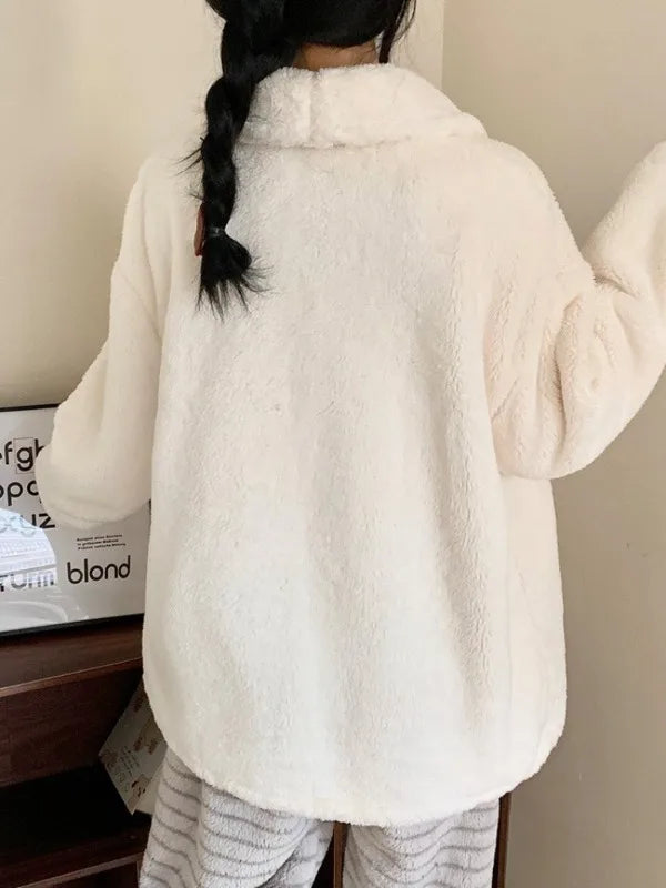 Cartoon Snoopy Pattern Coral Velvet Pajama Set Winter Women's Kawaii Anime Snoopy Accessories Cardigan Warm Home Clothes Set
