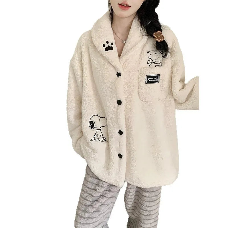 Cartoon Snoopy Pattern Coral Velvet Pajama Set Winter Women's Kawaii Anime Snoopy Accessories Cardigan Warm Home Clothes Set