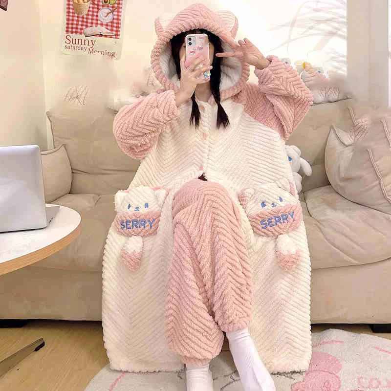 Thicker Women's Pajamas Warm Sweet Hooded Nightgown Winter Flannel Kawaii Home Clothes Female Cute Soft Chic Robes 2XL пижама