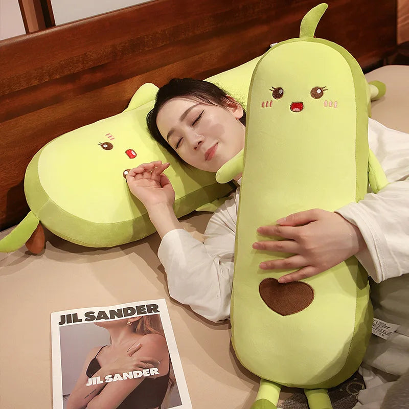 Cute Green Avocado Long Pillow Stuffed Fruit Plushie Heart Pattern Home Decor Kawaii Kids Sleeping Companion Christmas Gifts