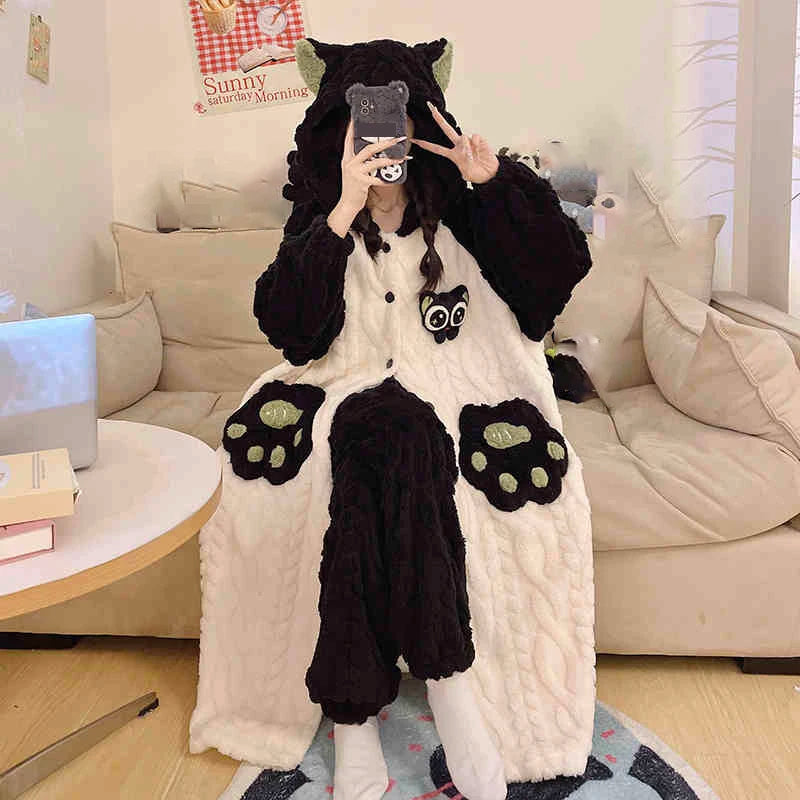 Thicker Women's Pajamas Warm Sweet Hooded Nightgown Winter Flannel Kawaii Home Clothes Female Cute Soft Chic Robes 2XL пижама