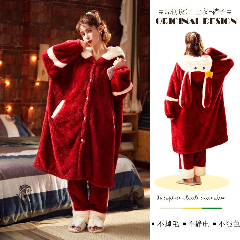 Thicker Women's Pajamas Warm Sweet Hooded Nightgown Winter Flannel Kawaii Home Clothes Female Cute Soft Chic Robes 2XL пижама