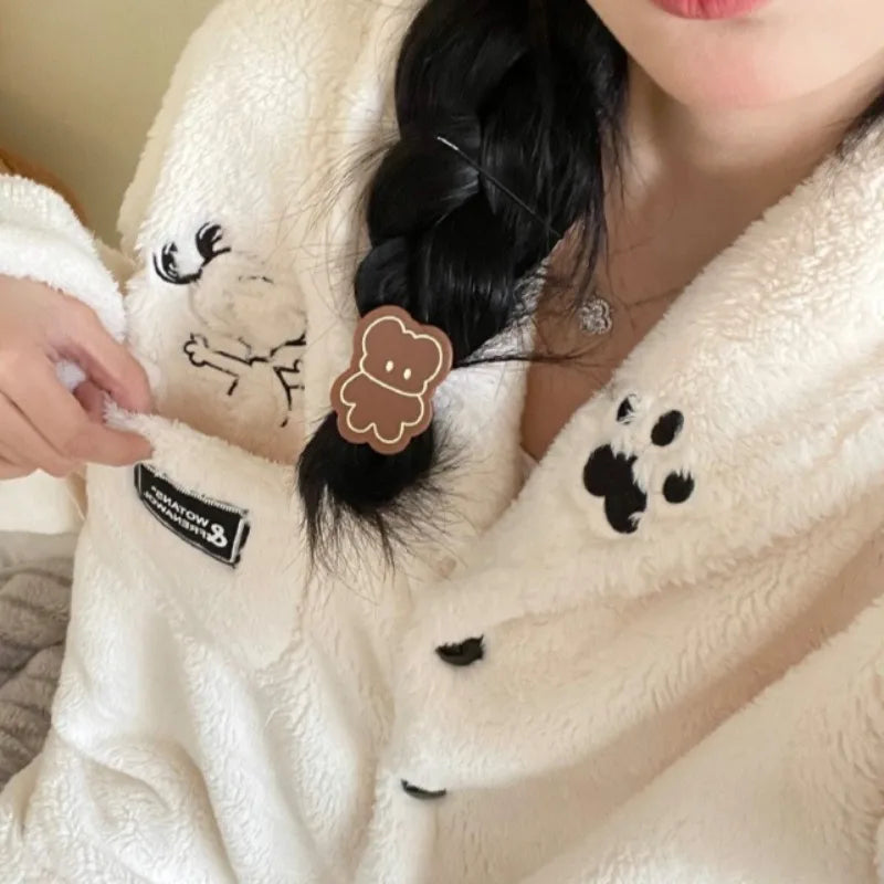 Cartoon Snoopy Pattern Coral Velvet Pajama Set Winter Women's Kawaii Anime Snoopy Accessories Cardigan Warm Home Clothes Set