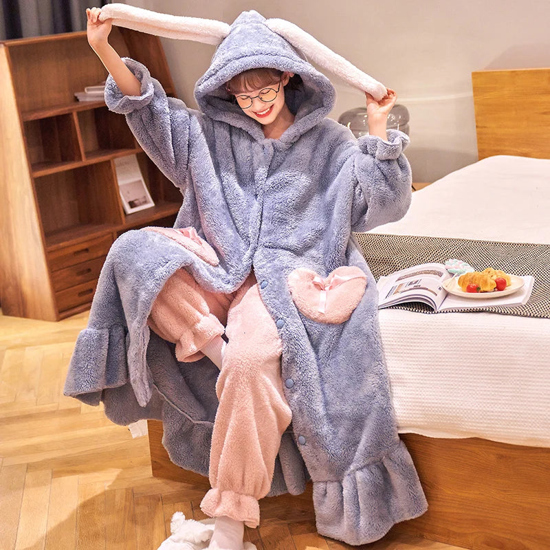 Thicker Women's Pajamas Warm Sweet Hooded Nightgown Winter Flannel Kawaii Home Clothes Female Cute Soft Chic Robes 2XL пижама